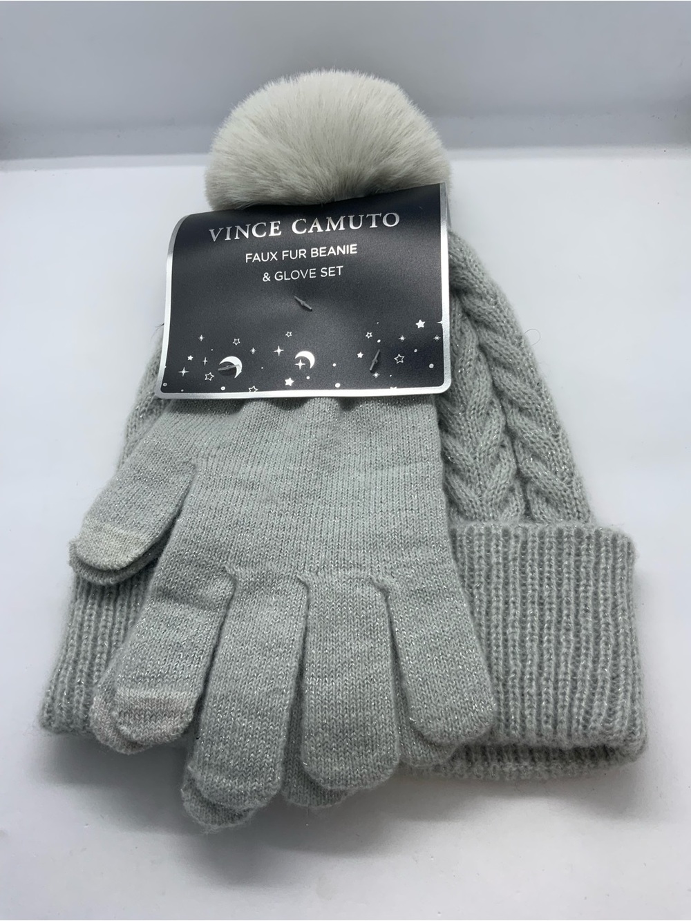Vince Camuto Light Gray Knit Beanie with Faux Fur Pom & Matching Gloves